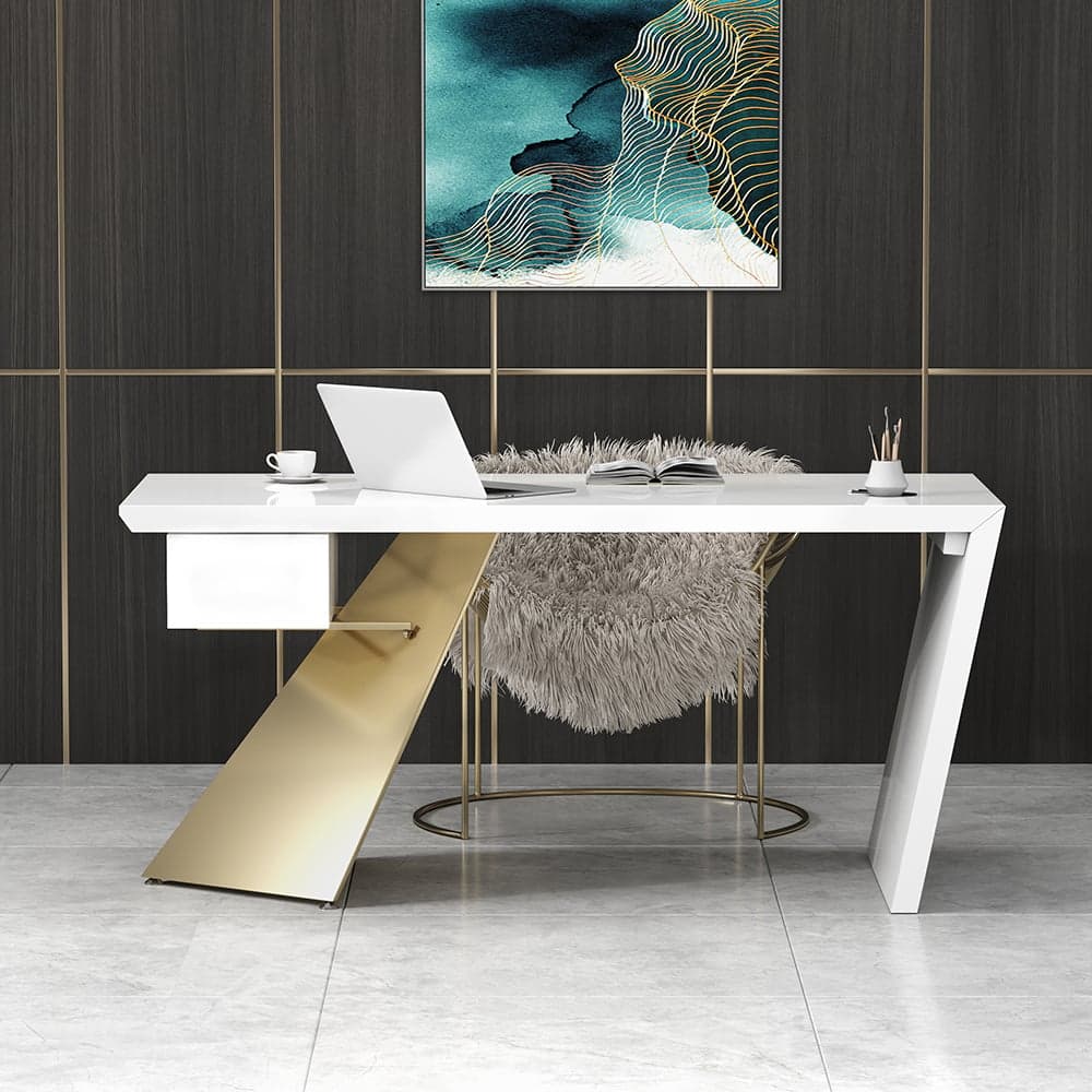 Modern 63" Rectangular White Rubberwood Desk with Drawer & Gold Base