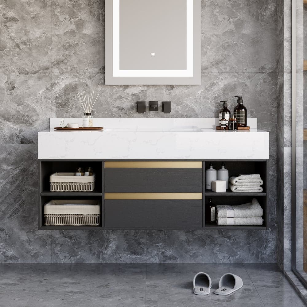 Modern 39.4" Floating Single Bathroom Vanity with Sink in Black, Sintered Stone Top