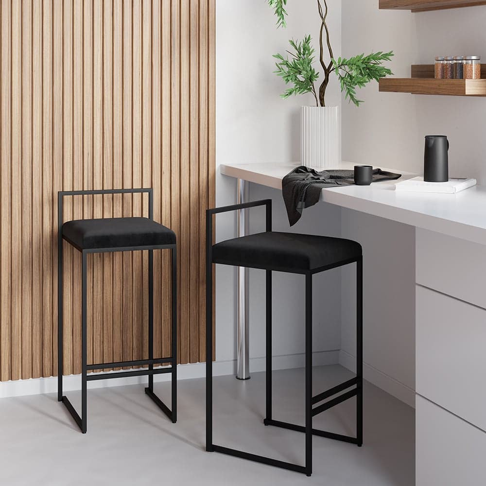Modern Black Velvet Upholstered Counter Stools, 2 Pieces