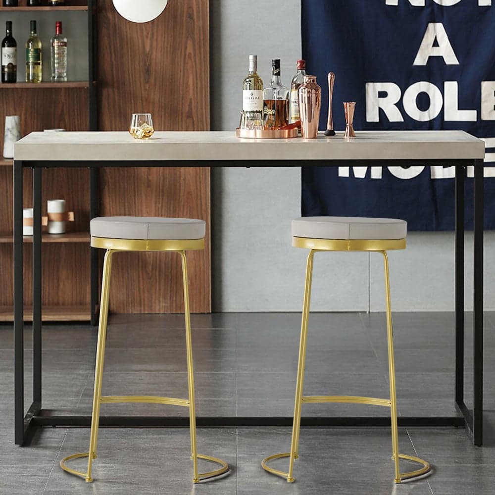 Gold & Beige PU Leather Upholstered Round Bar Height Stool Backless (Set of 2)