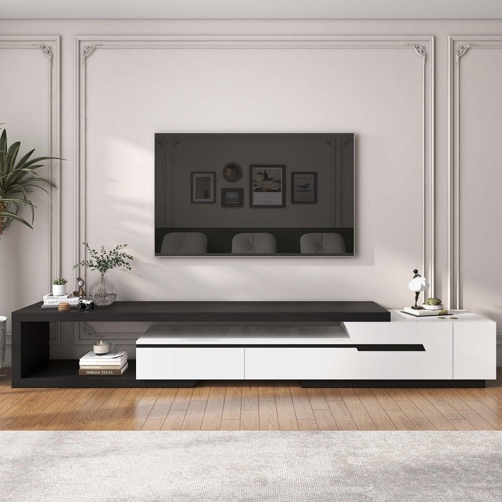 Pinkle Modern Extendable TV Stand White & Black with Storage & Bookshelf & Drawer