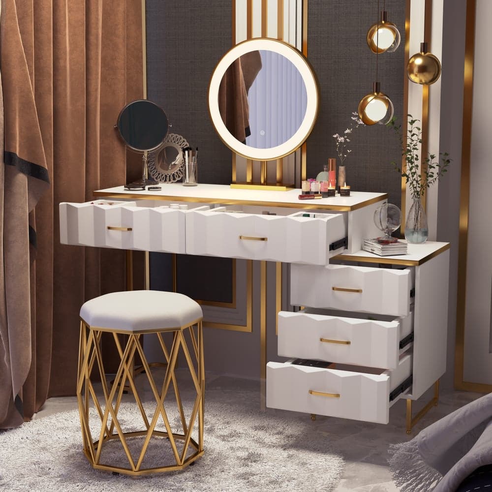 Modern Extendable Makeup Vanity with 5 Drawers, Stool & LED Mirror