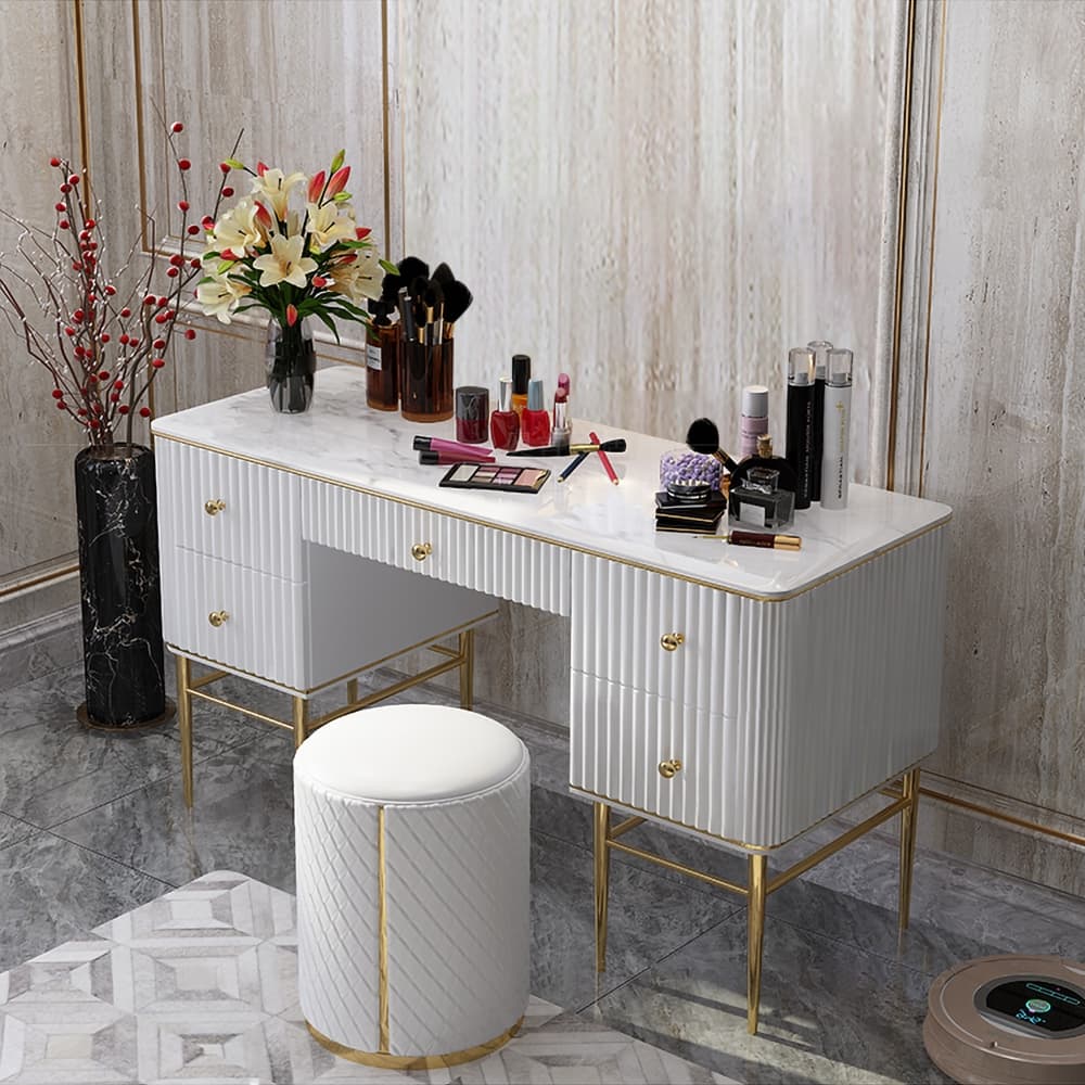 Bline White Makeup Vanity Table Marble Dressing Table with Drawers Gold Stainless Steel