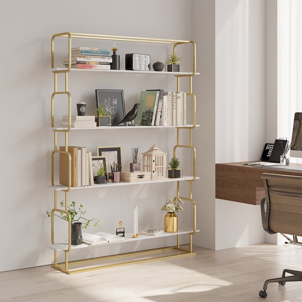 70.9" Modern White Tall Freestanding Wooden Office 4 Shelves Etagere Bookcase in Gold