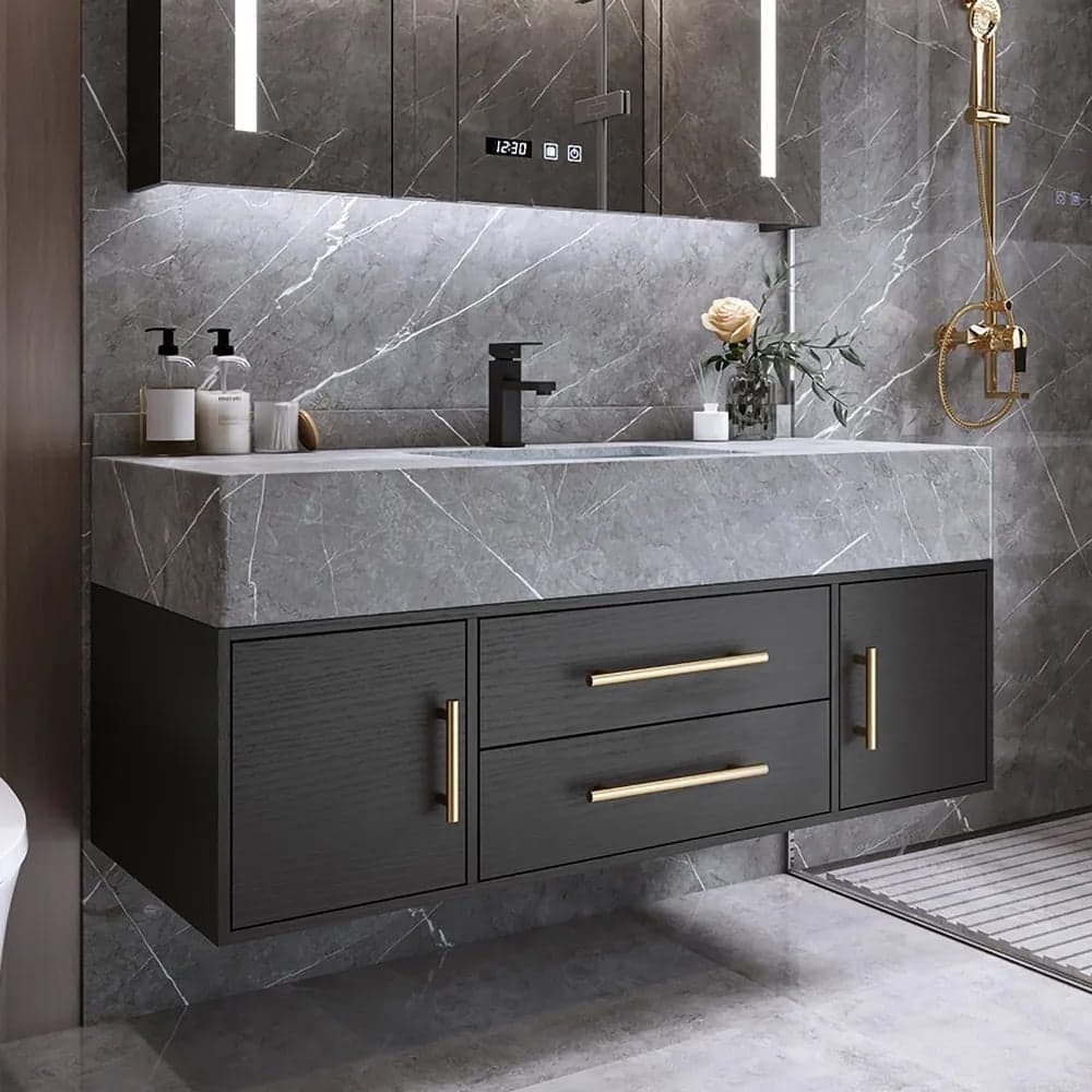 Modern 39" Black Floating Single Bathroom Vanity with Sintered Stone Top and Sink