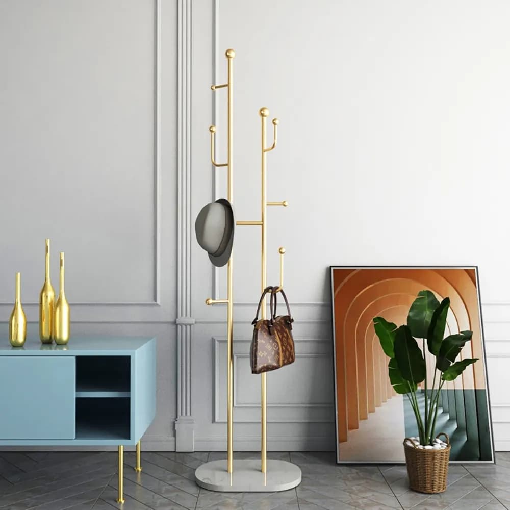 67" Gold Standing Coat Rack with 7 Hooks Faux Marble Base Entryway Clothing Rack