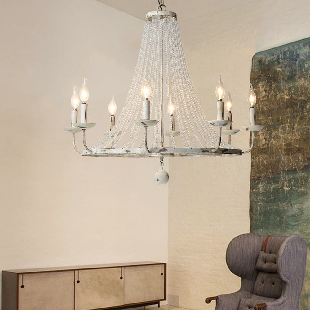 Crylite French Country Candle-Shaped 8-Light Crystal Bead Strands Metal Wheel Chandelier