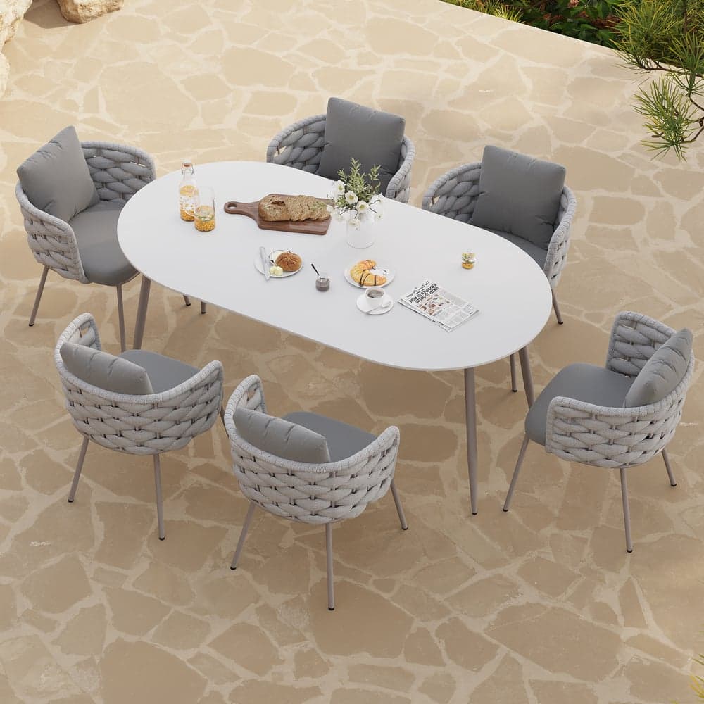 7 Pieces 70.9" Outdoor Sintered Stone Top Dining Table Set with Rope Woven Armchairs