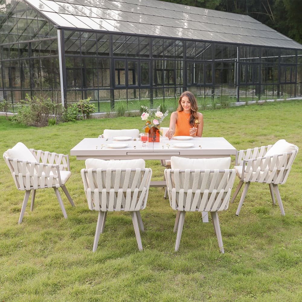 7-Piece Outdoor Extendable Dining Set with 6 Rope Weave Chairs in Gray(64"-84")