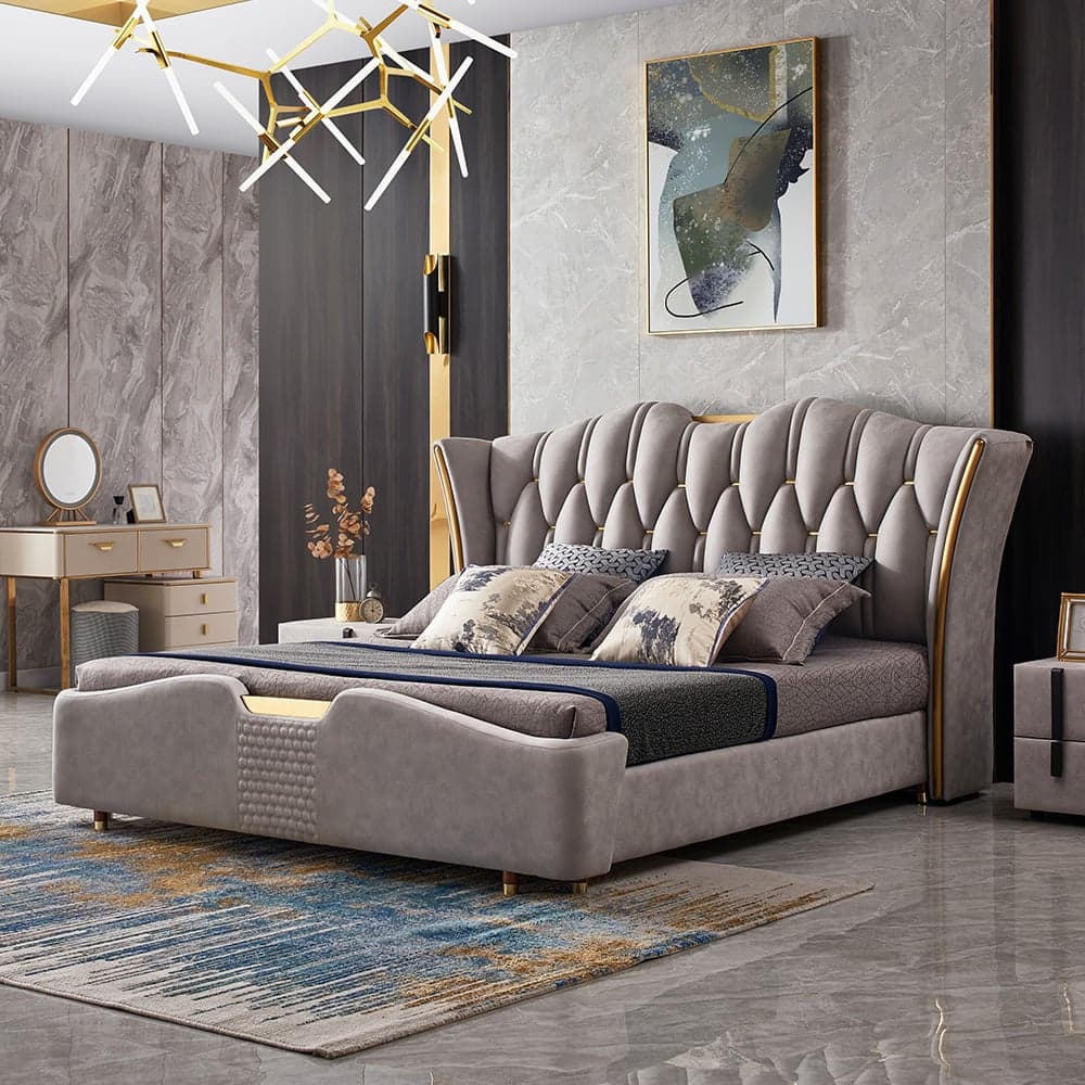 Luxury Queen Gray Leather Bed with Tufted Wingback Headboard