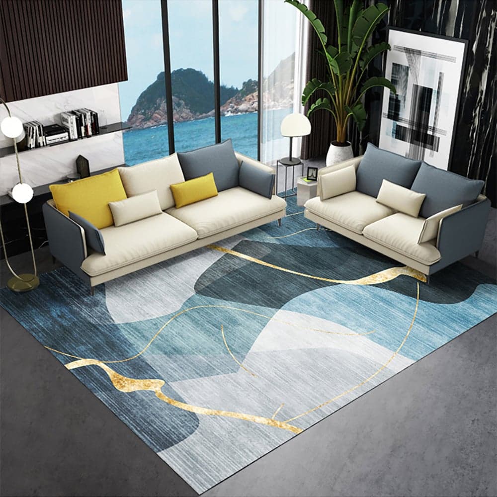 6' x 9' Multi-purpose Modern Style Retangular Blue & Gold Florid Area Rug