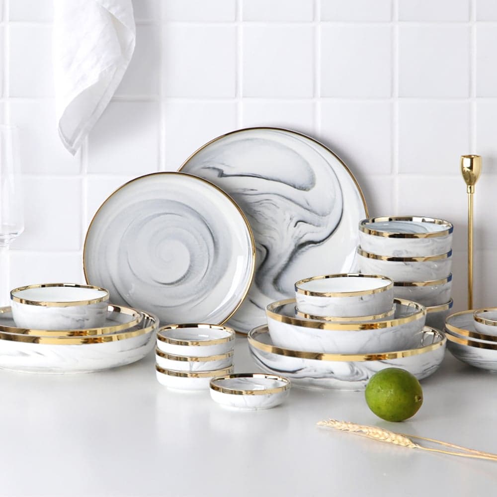 Modern Dinnerware 18-Piece White&Gray Ceramic Dinnerware Gold Rim