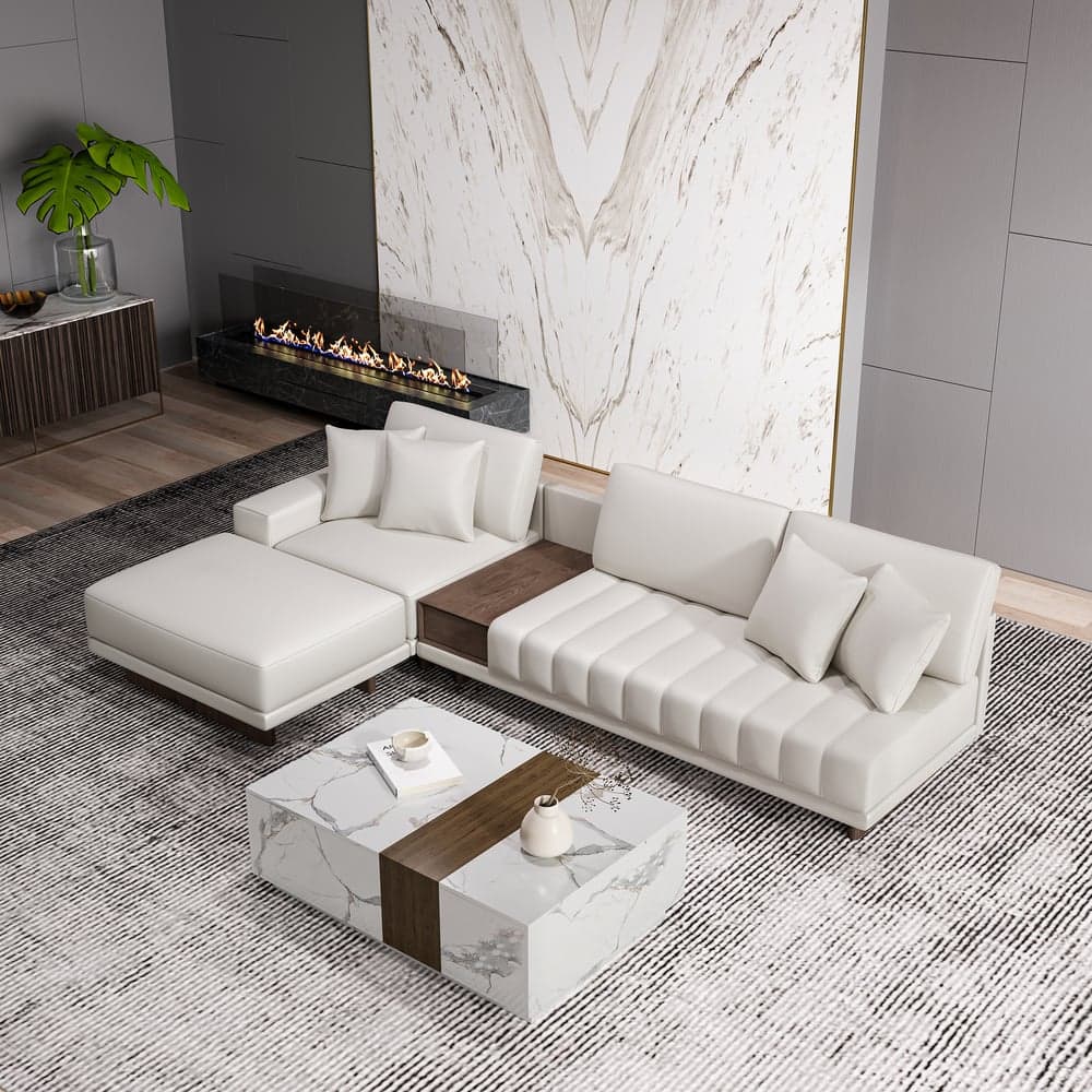 Vewal Modular Leather Sectional Sofa Set with Wood Block Coffee Table