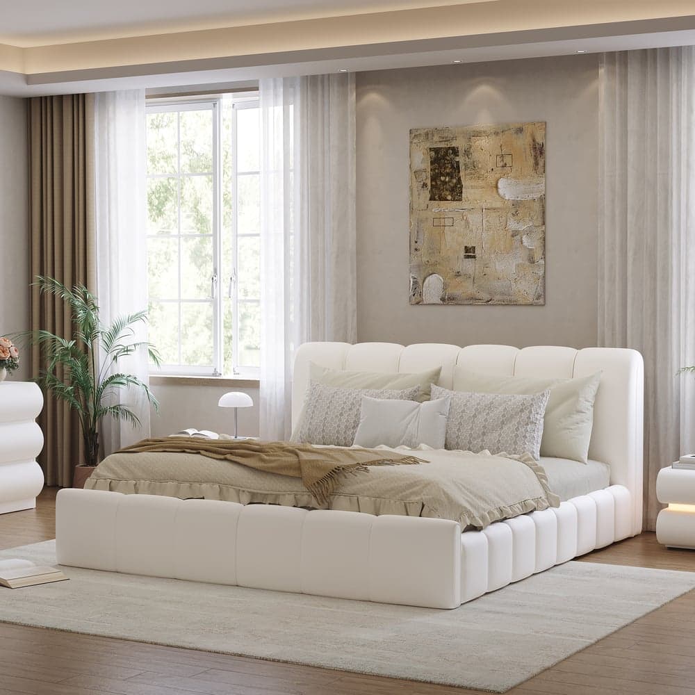 Humply Modern King White Leather Upholstered Bed Frame